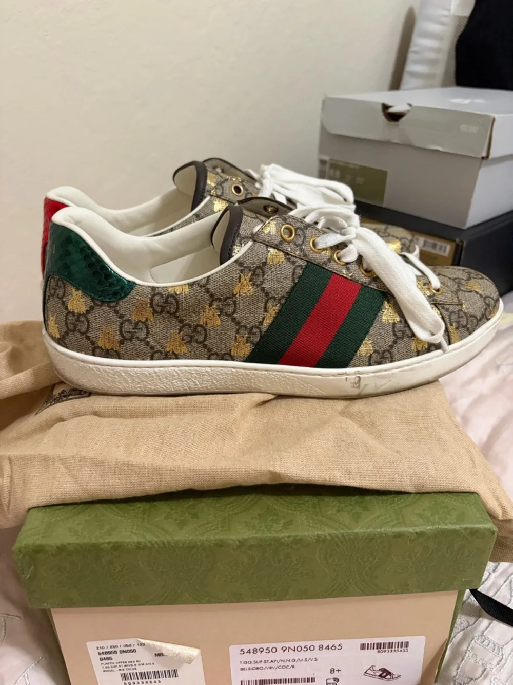 GG Supreme Monogram Bees Ayers Web Ace Sneakers Beige Oro Green Red - Picture 5 of 8